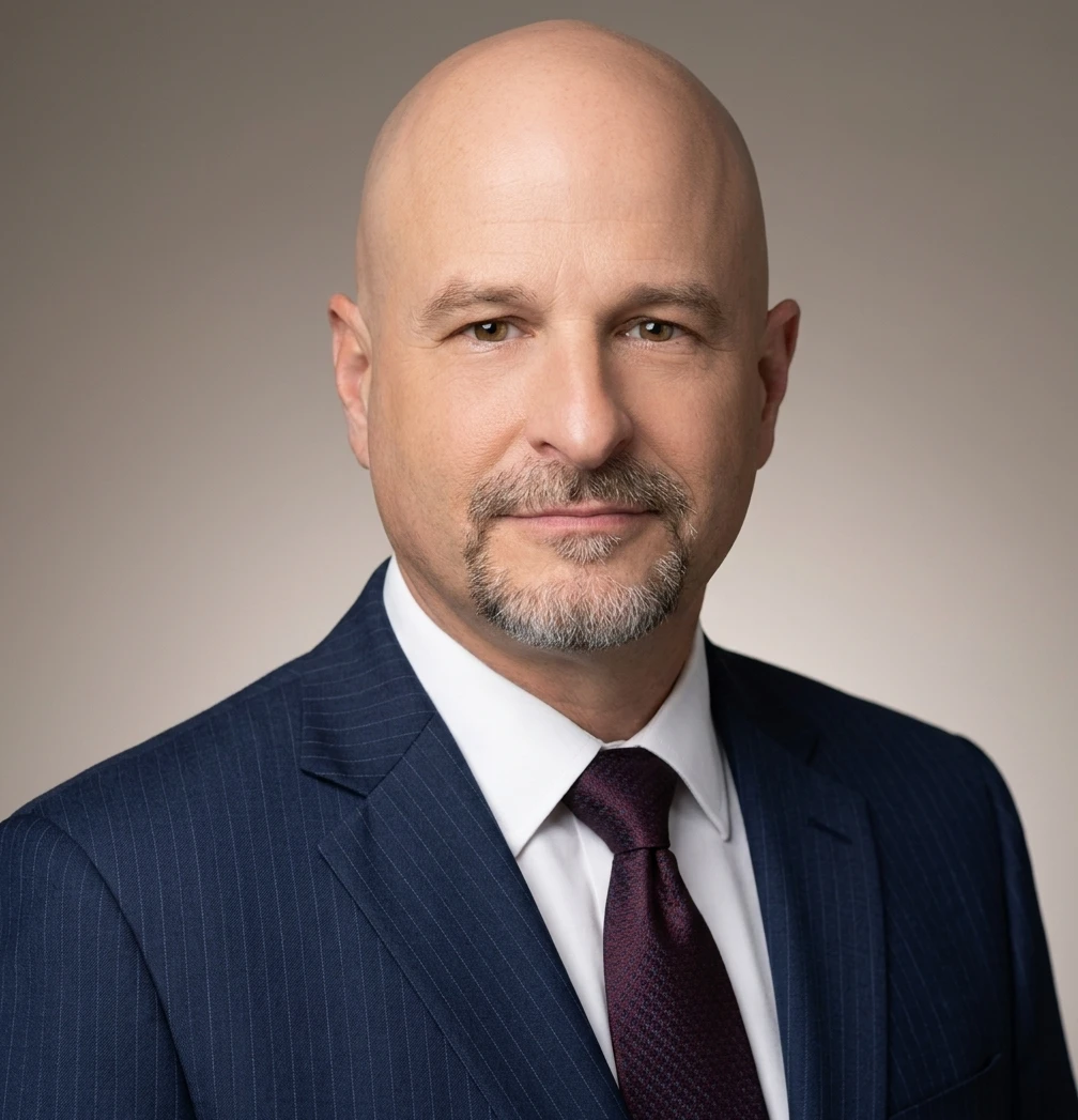 J.P. Howlett, software engineer and systems architect, wearing a navy pinstripe suit and burgundy tie against a neutral gray background — the founder of The Covenant and author of draft-howlett-aigcsep-00, based in New York.