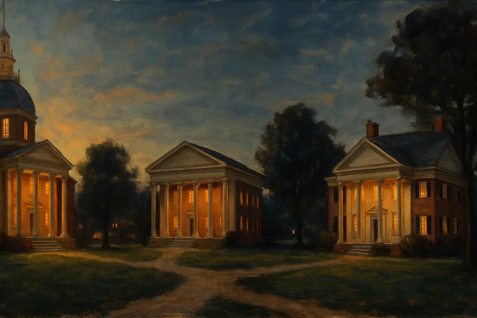 Three grand civic buildings — a domed legislative hall, a columned courthouse, and a porticoed executive house — stand at separate corners of a town green beneath the same evening sky, connected only by quiet walking paths.