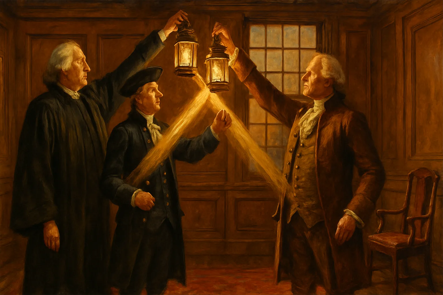 Inside a wood-paneled chamber, three robed and uniformed figures representing the branches of government each raise a glowing lantern toward the others, the crossing beams forming a steady triangle of mutual watchfulness.
