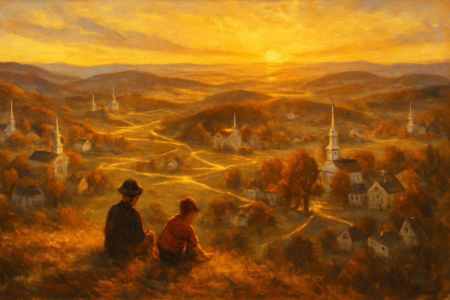 A wide hilltop view over a patchwork of distinct New England townships, each with its own steepled meetinghouse and town square, loosely connected by golden threads of light beneath one shared dawn sky.