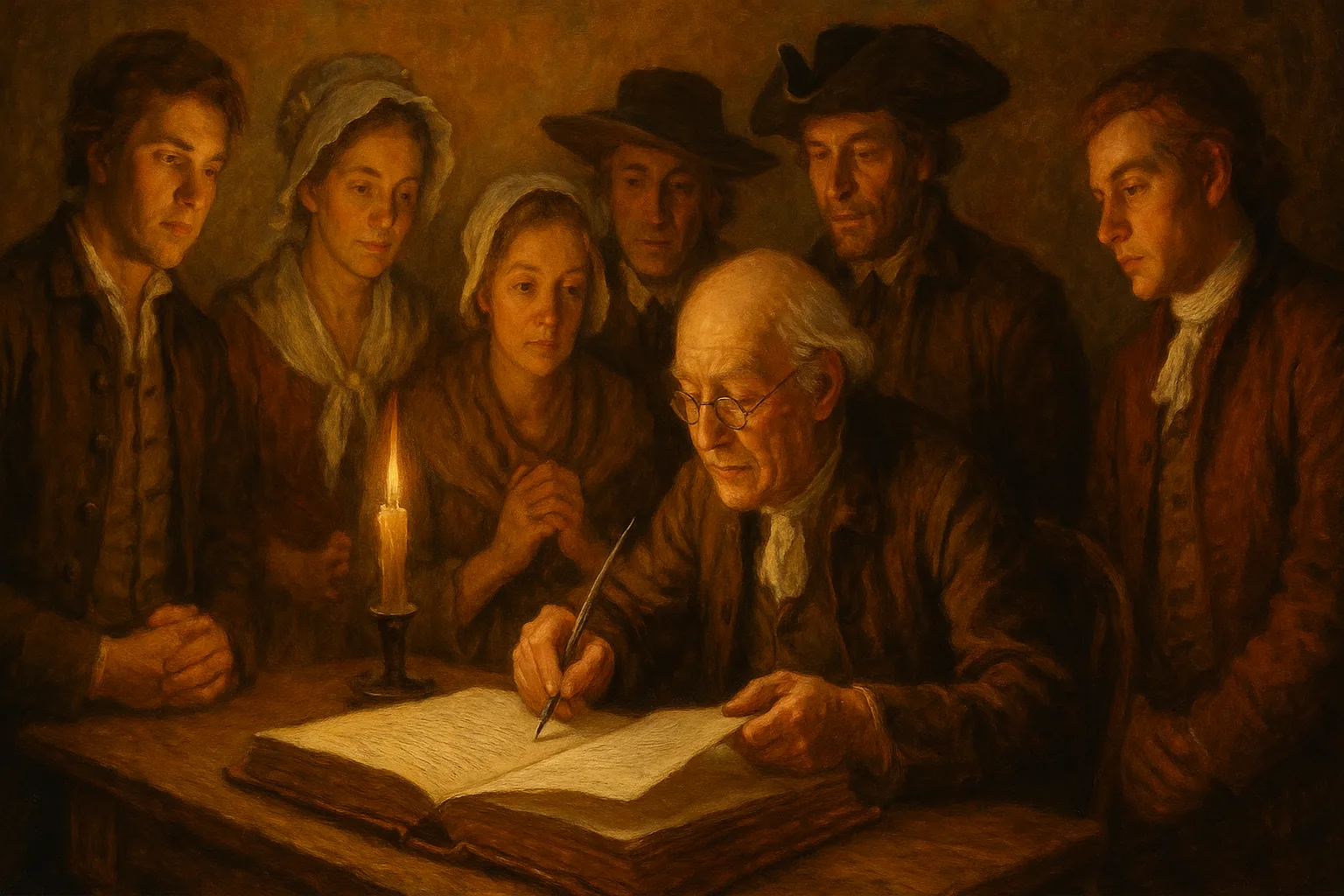 By candlelight, a circle of townspeople and an elder clerk carefully add a freshly inked page to a great bound ledger already thick with handwritten amendments, its older pages glowing faintly with long use.