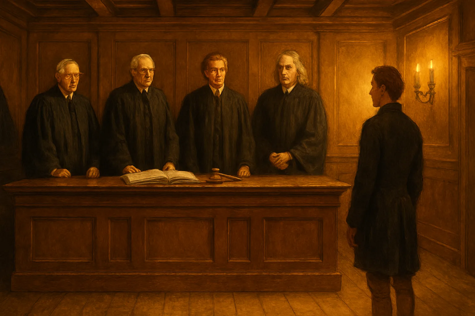 A solemn formal proceeding in a wood-paneled chamber: robed officials stand gravely before an open ledger and a still gavel, addressing a single distant figure with measured restraint rather than anger.