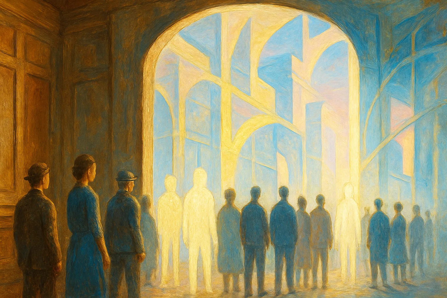 A grand wood-paneled hall from the founding era opens at its far end into a luminous threshold of brighter, dawn-toned light, where glowing humanoid figures of soft light stand shoulder to shoulder with modern townspeople inside a towering new civic space.