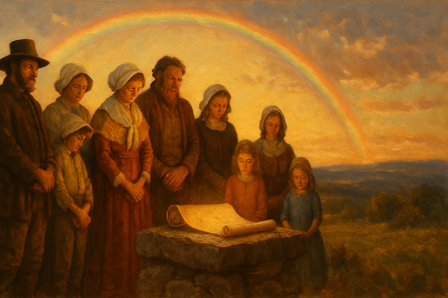Early American settlers kneel beneath a glowing rainbow before a stone altar bearing a luminous scroll.