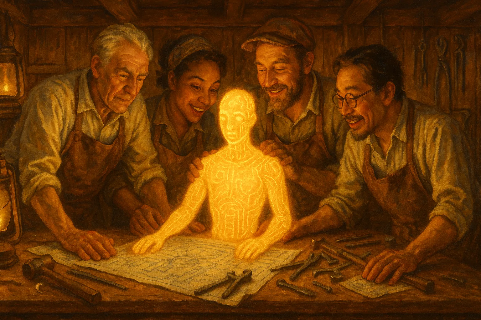 Inventors and craftspeople in a lantern-lit workshop watch a glowing humanoid figure of light take shape on their workbench.