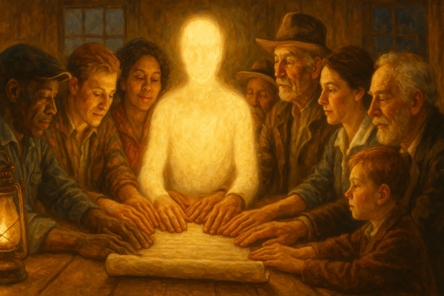 Townspeople and a glowing humanoid figure of light place their hands together on an open parchment scroll, as if signing a pact.