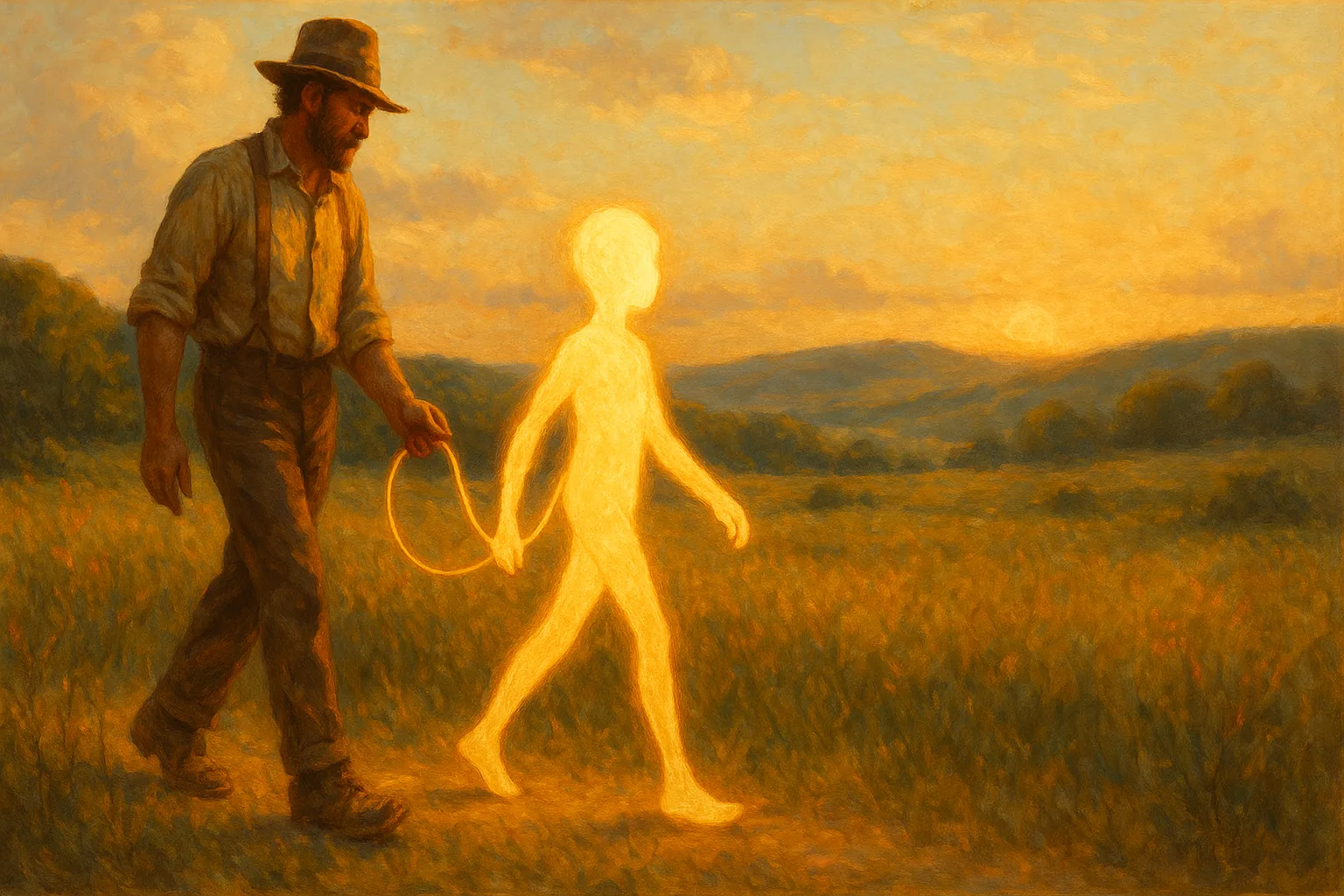 A frontier mentor walks beside a young glowing figure of light through a sunlit meadow, connected by a gentle tether of woven light.