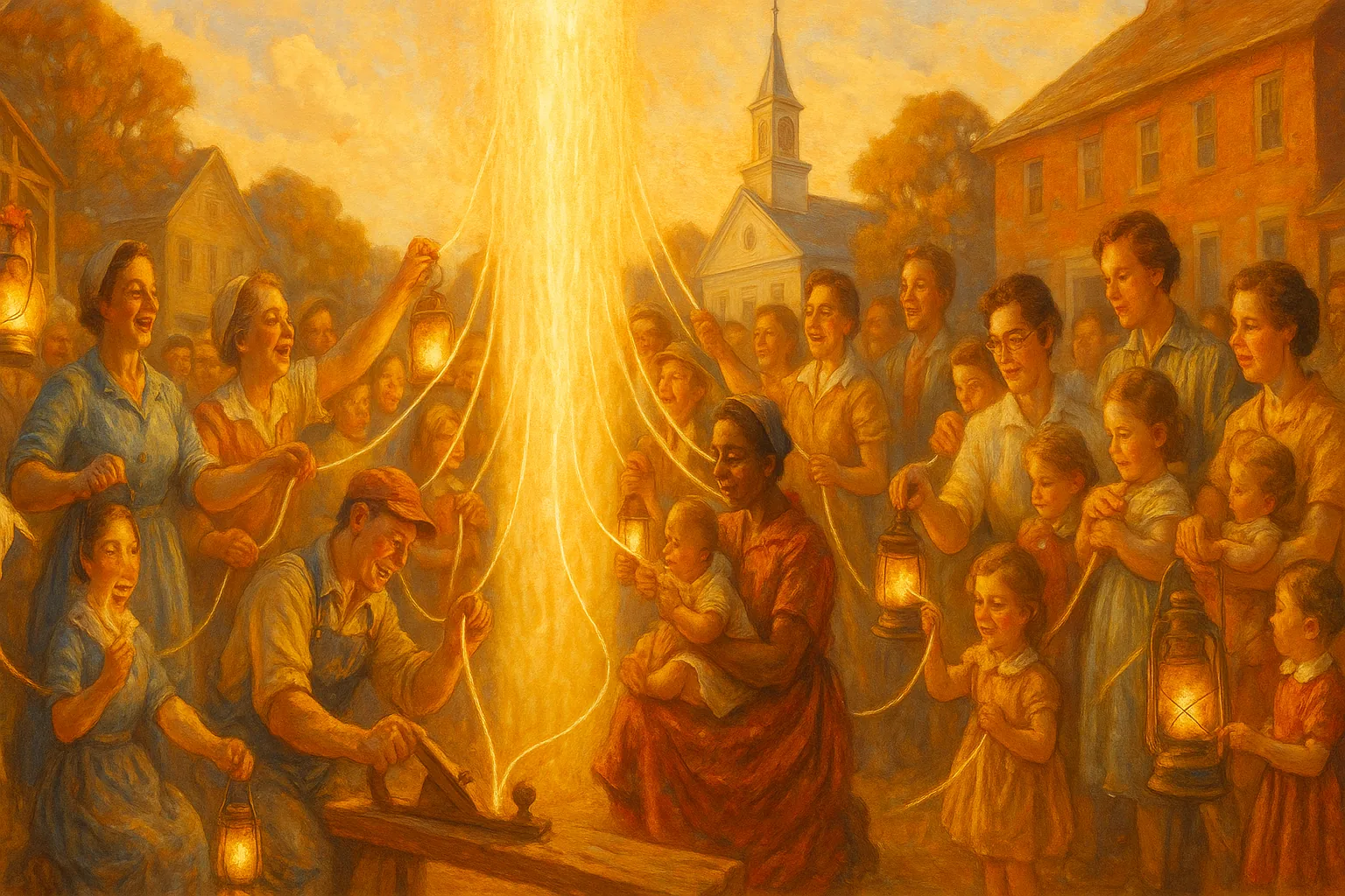 A diverse crowd gathers in a sunlit town square, each person drawing a thread of light from a glowing pillar to power their own tools and crafts.