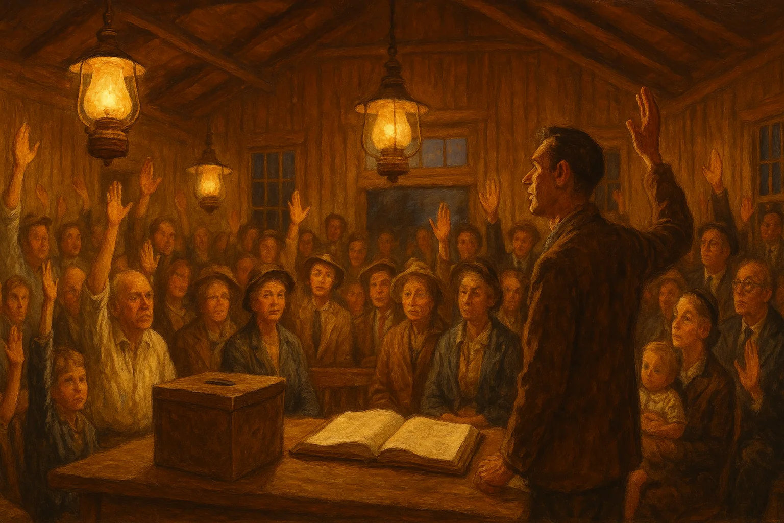 A packed town hall meeting at dusk, citizens of every age and background standing to speak beneath glowing lantern chandeliers.