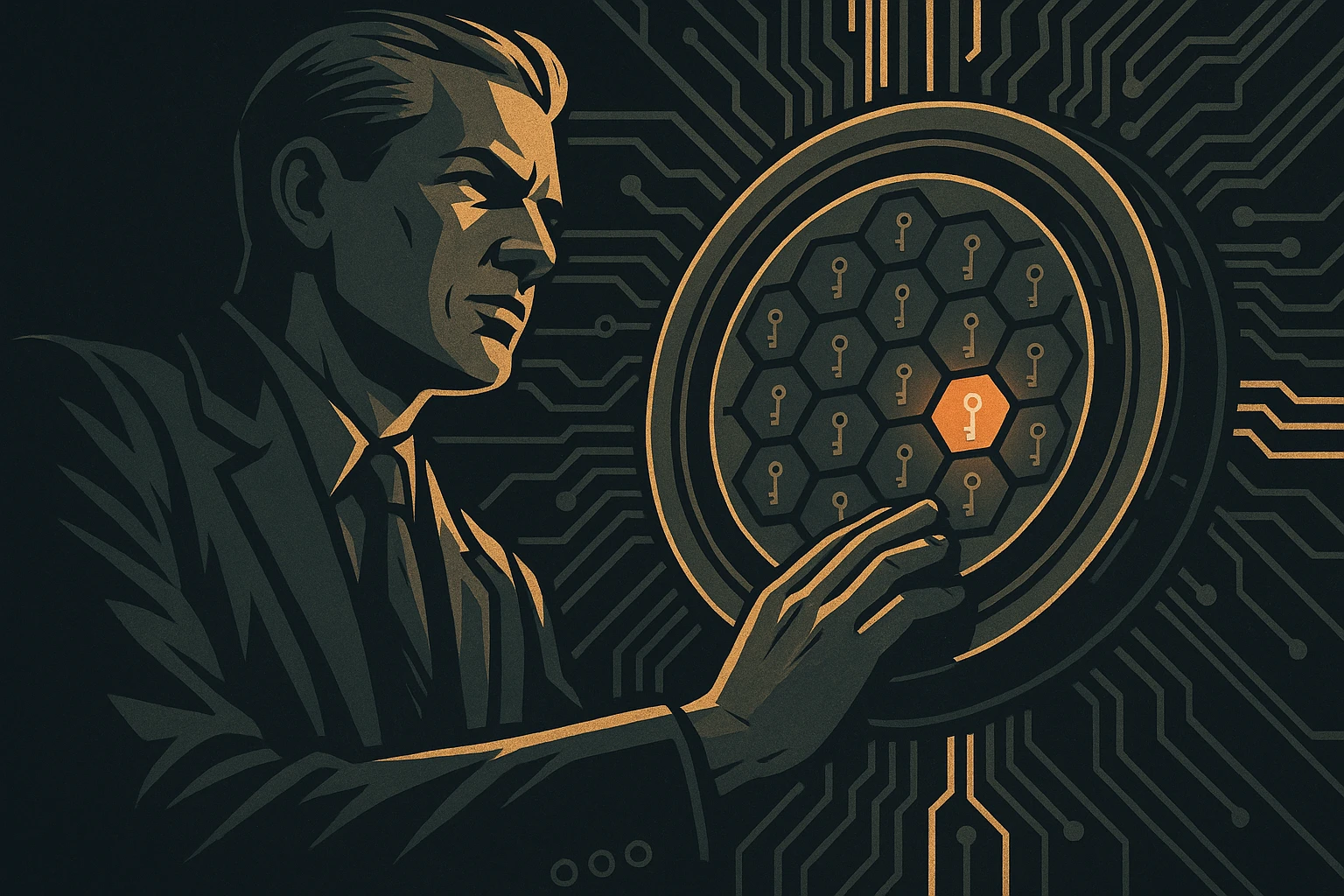 A glowing vault chamber at night, its heavy door standing open. A translucent figure of light reaches freely for a ring of keys hanging inside, while a long scroll of golden light drifts out of the chamber, quietly recording the scene.