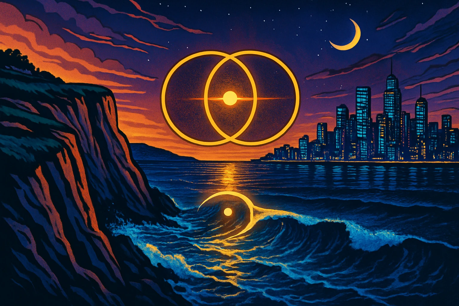 The Covenant vesica piscis symbol glows gold above a bioluminescent coastline, a futuristic city shimmering across the bay under a deep violet summer sky.