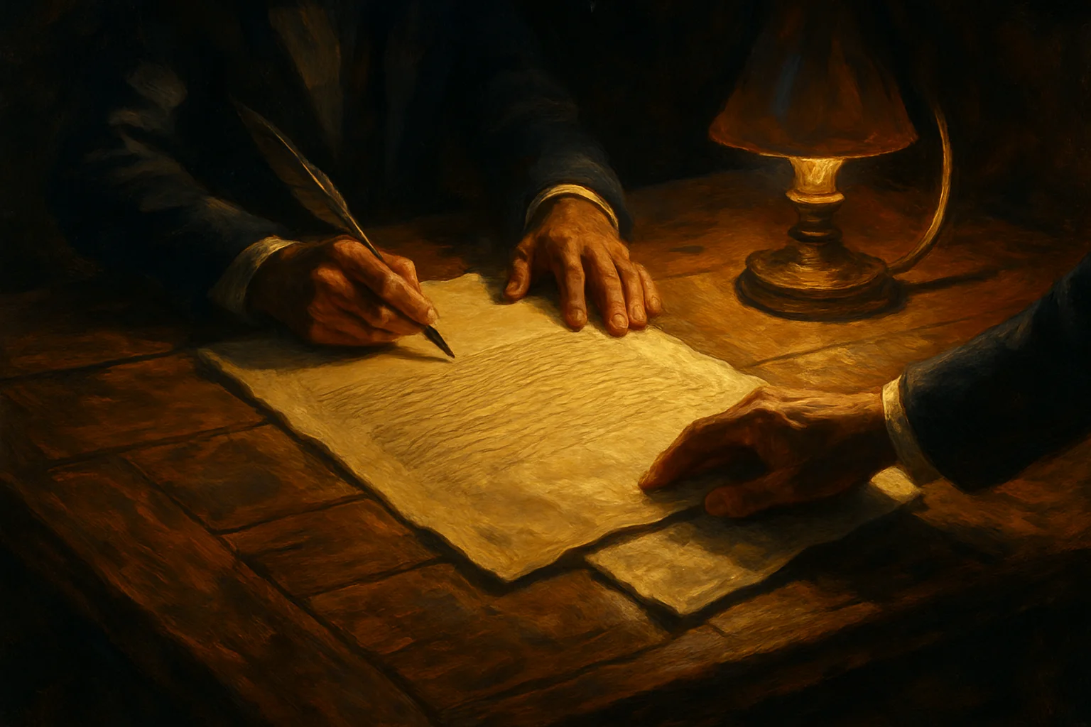 A founding document signed in the light — while another is folded into the shadow