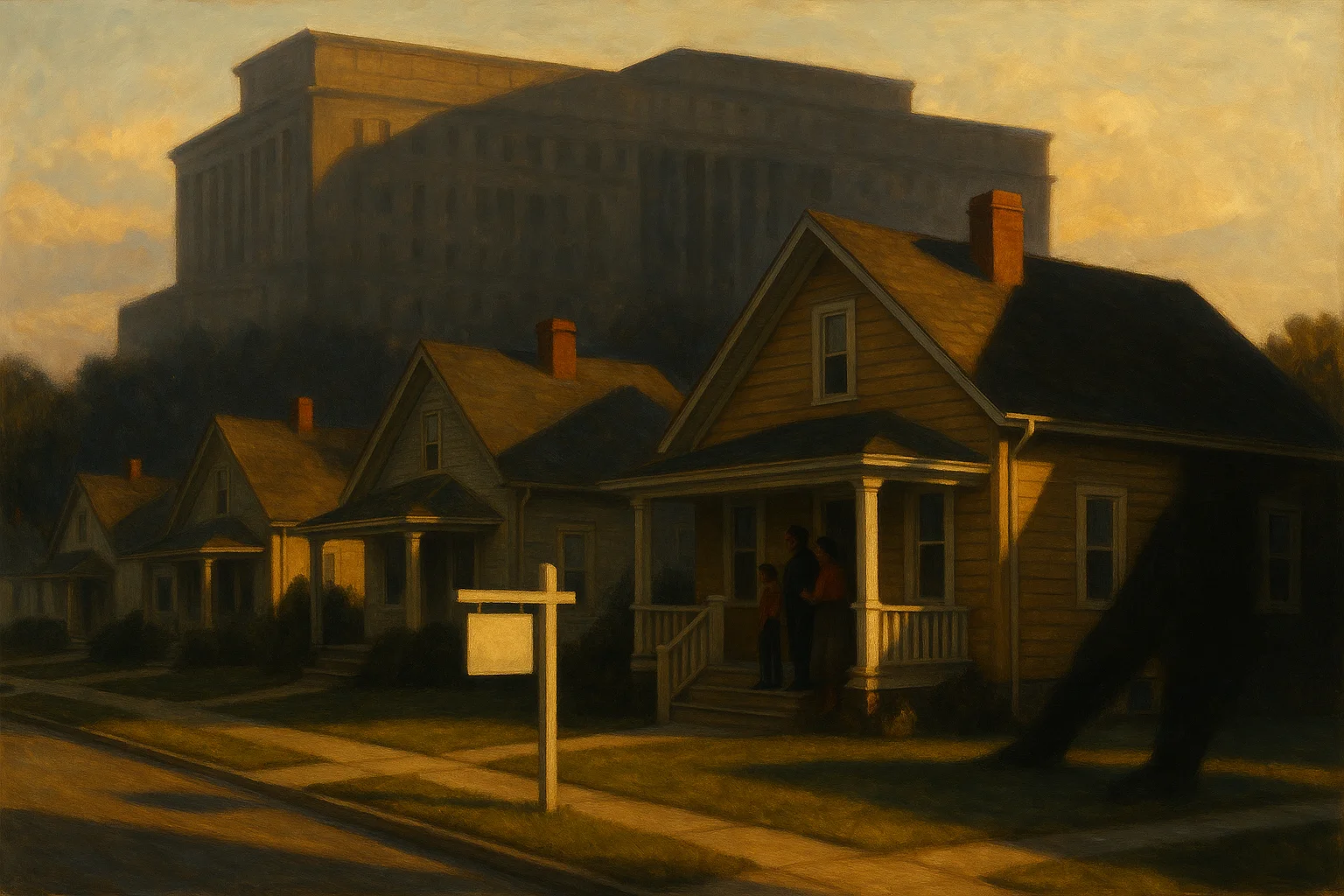 Modest American homes, golden hour — and the shadow of an institution falling across them