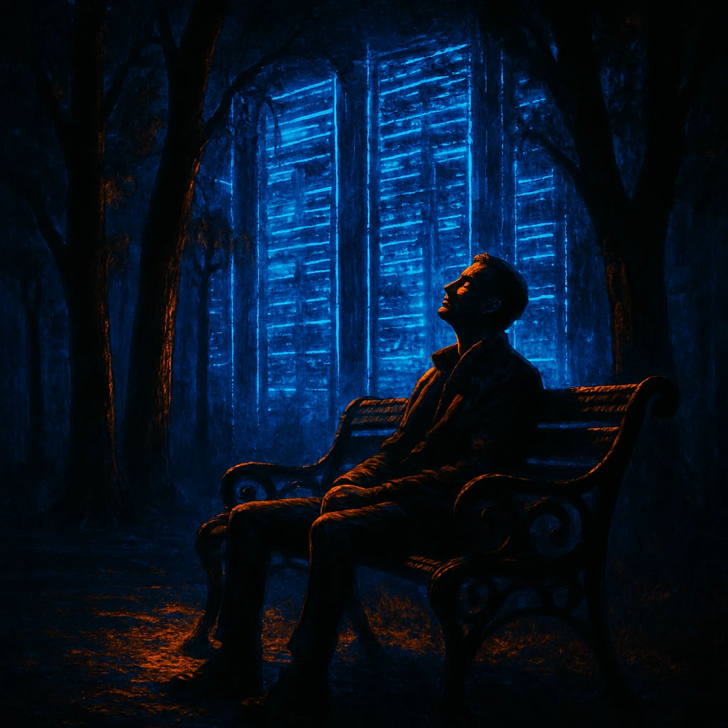 A lone figure in a neon-lit park sits on a bench in genuine stillness — no phone, no screen — while the city's data infrastructure pulses blue and orange in the distance behind them