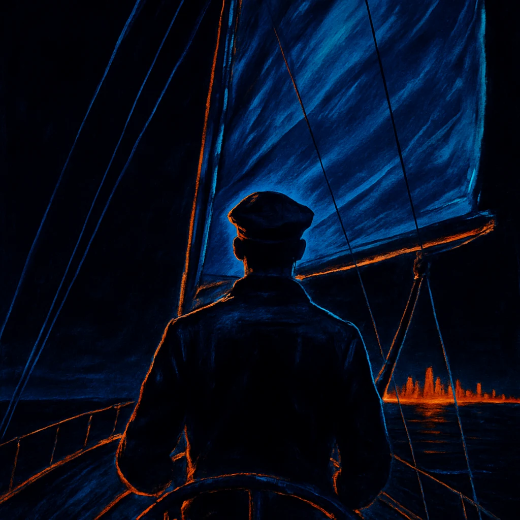 A sailor at the helm in golden-hour light, neon city skyline receding behind them — the technology of the rigging is invisible, everything in service of forward motion
