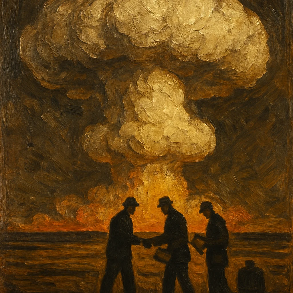 A nuclear mushroom cloud towers over a flat American plain while suited men shake hands in the tiny foreground — the scale of consequence against the scale of the deal
