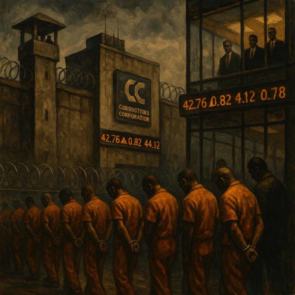 A private prison exterior with a corporate stock ticker running across the facade, orange-suited prisoners being processed in the foreground, executives watching from a glass office tower connected to the prison above