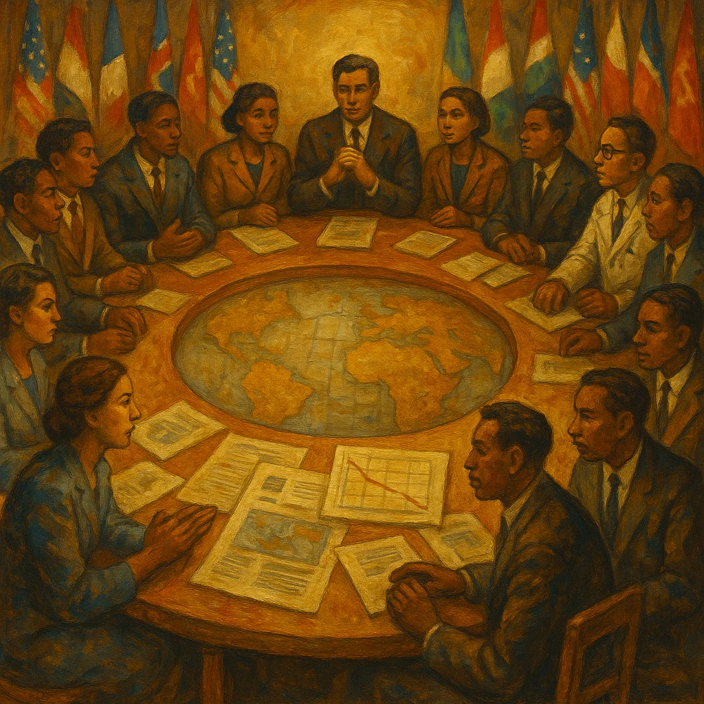 A multilateral round table: diverse figures from many nations seated around a circular table, world map at center, no one at the head