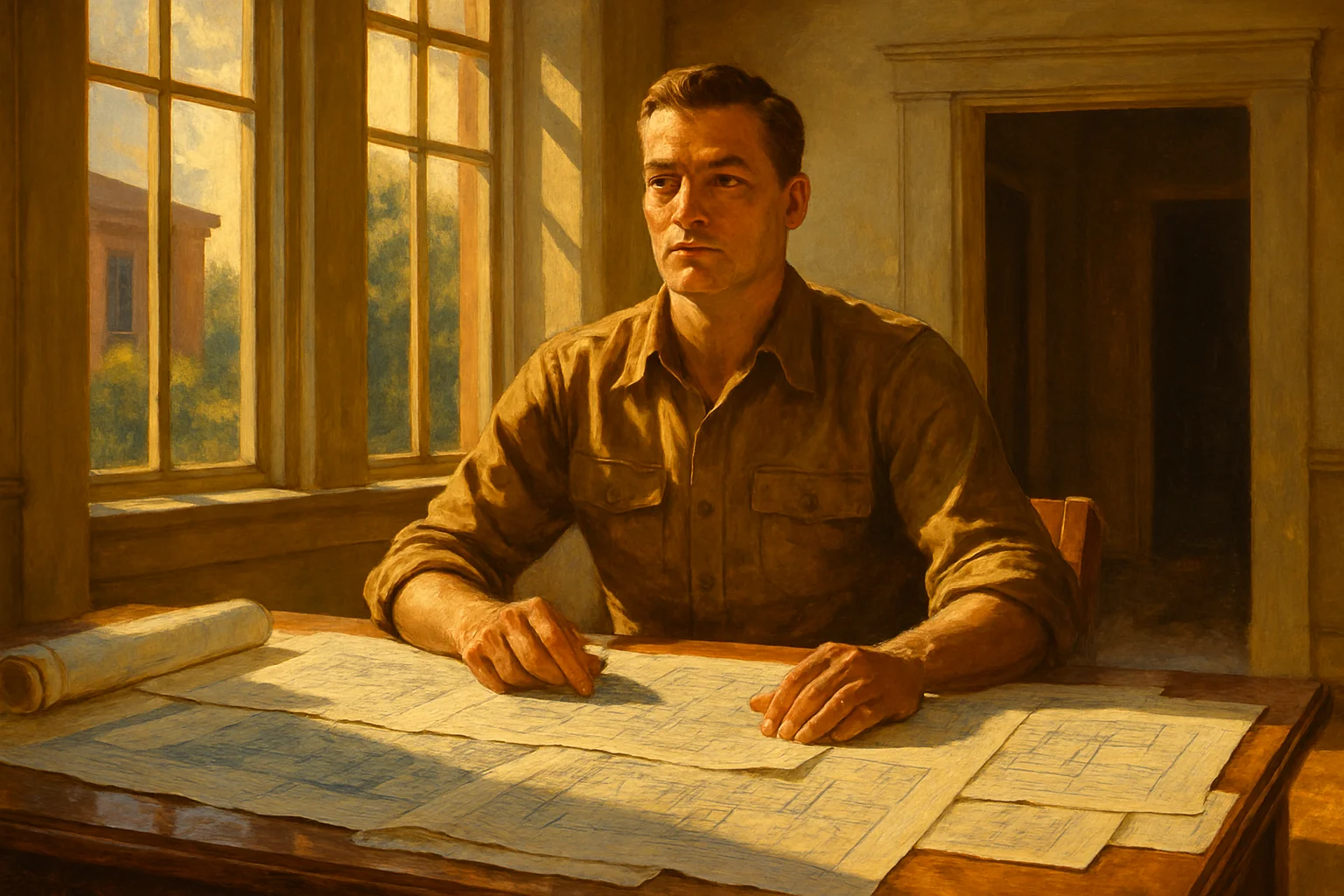 Open blueprints on a sunlit table — what working in public actually looks like