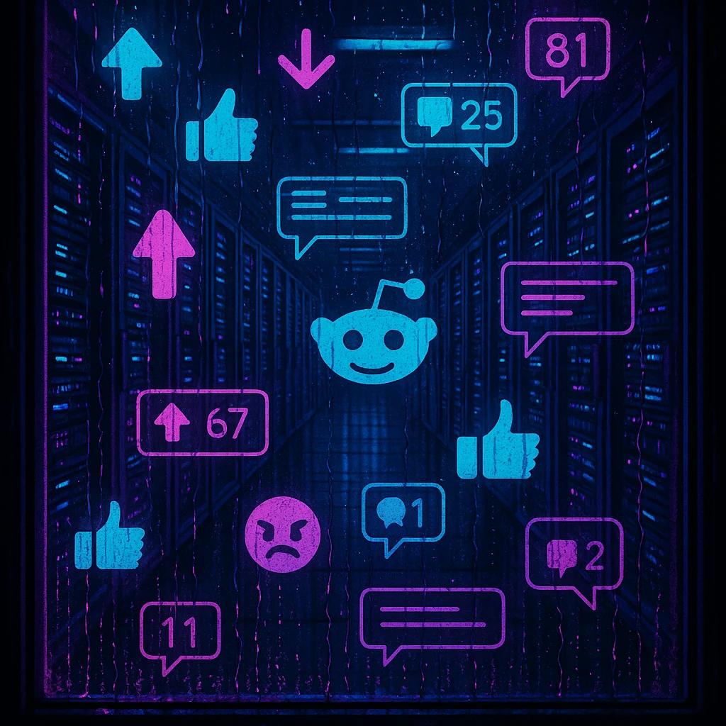 Server infrastructure behind rain-streaked glass, overlaid with social media upvotes, Reddit icons, and engagement notifications feeding into the machine