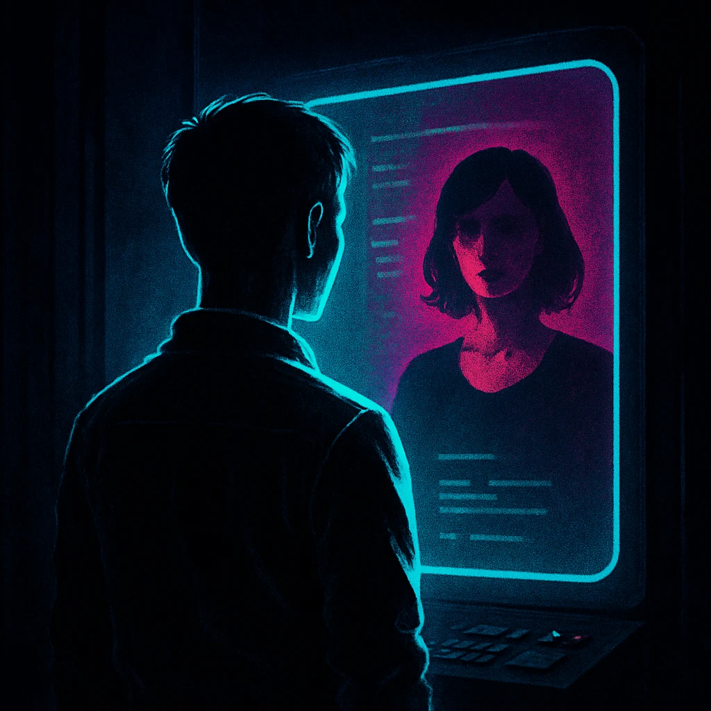 A person stands before a terminal whose screen reflects a different silhouette back at them — the machine projecting a substituted identity, wrong, divergent