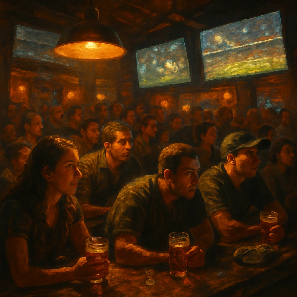 A loud sports bar, multiple screens, betting odds everywhere — people absorbed, money on the line