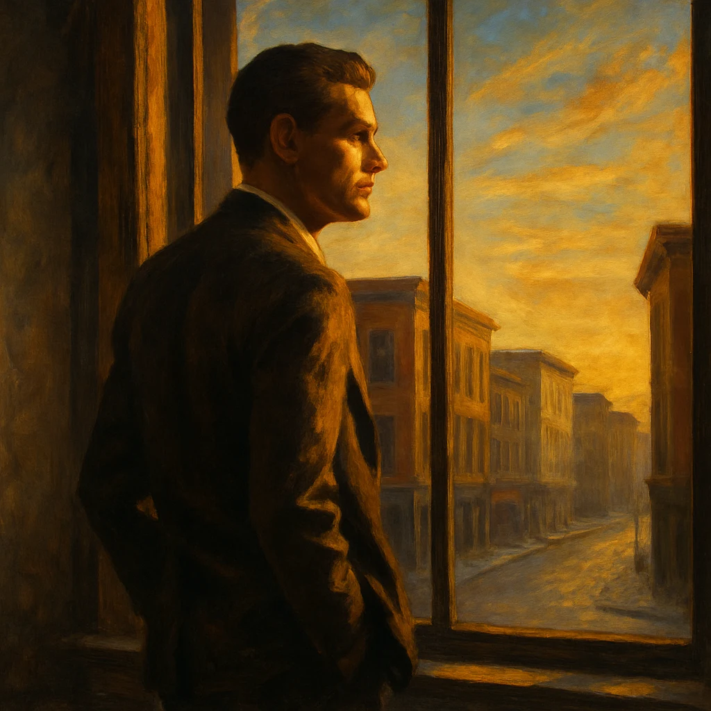 An individual at a window looking out — independent, unhurried, making his own call