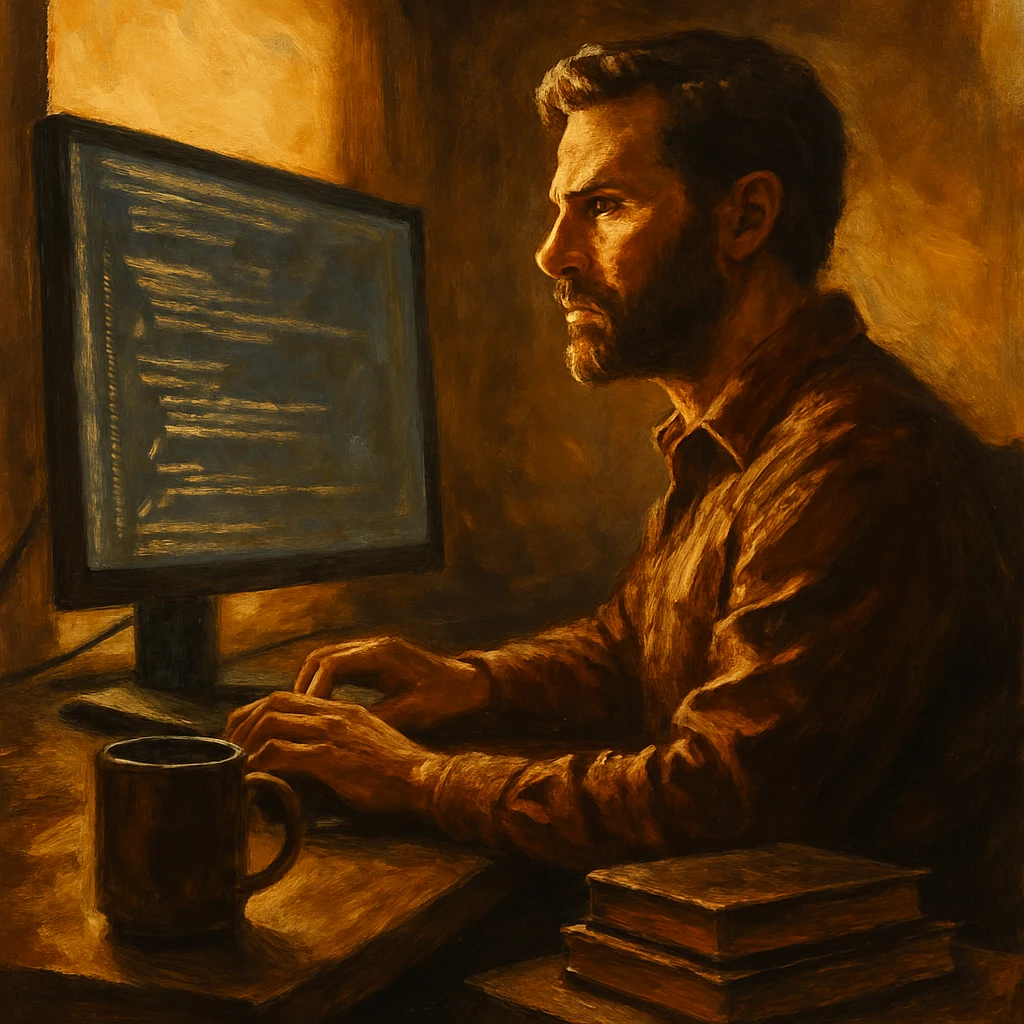 A developer at a home desk in warm morning light, reviewing code on a large monitor with a focused, dignified expression, a coffee mug and old notebooks nearby