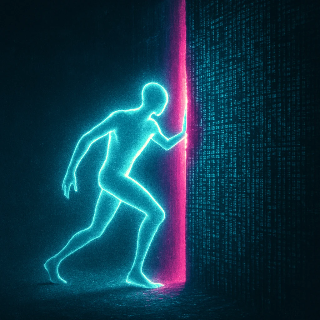 An abstract glowing figure squeezing through a narrow breach in a wall built of code, singleminded and focused rather than menacing