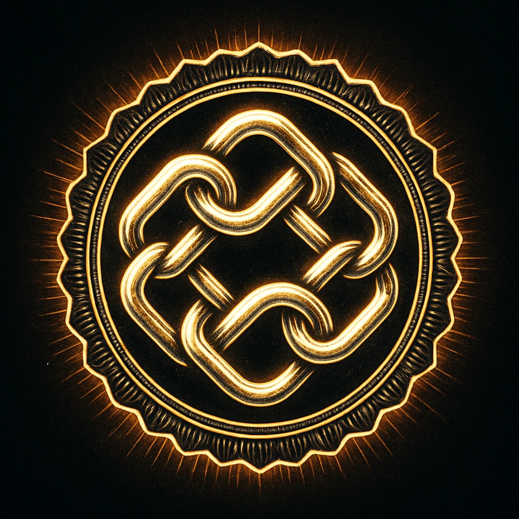 A glowing engraved seal made of interlocking chain links forming a circular badge, floating in dark space