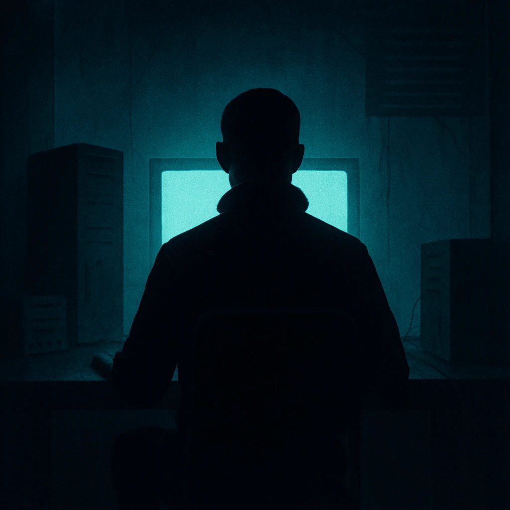 A silhouetted figure at a terminal in a dark room, deliberately anonymous, the screen the only light source