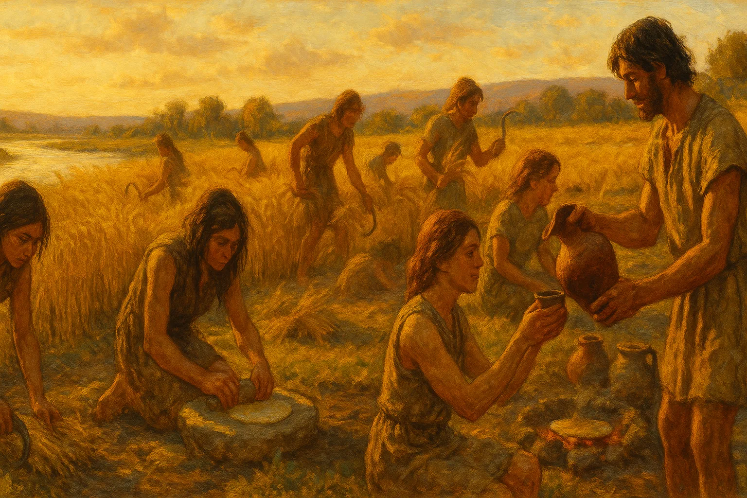 Neolithic farmers work golden wheat fields along a great river at harvest time, grinding grain, baking bread over open hearths, and tending clay jars of fermenting drink.