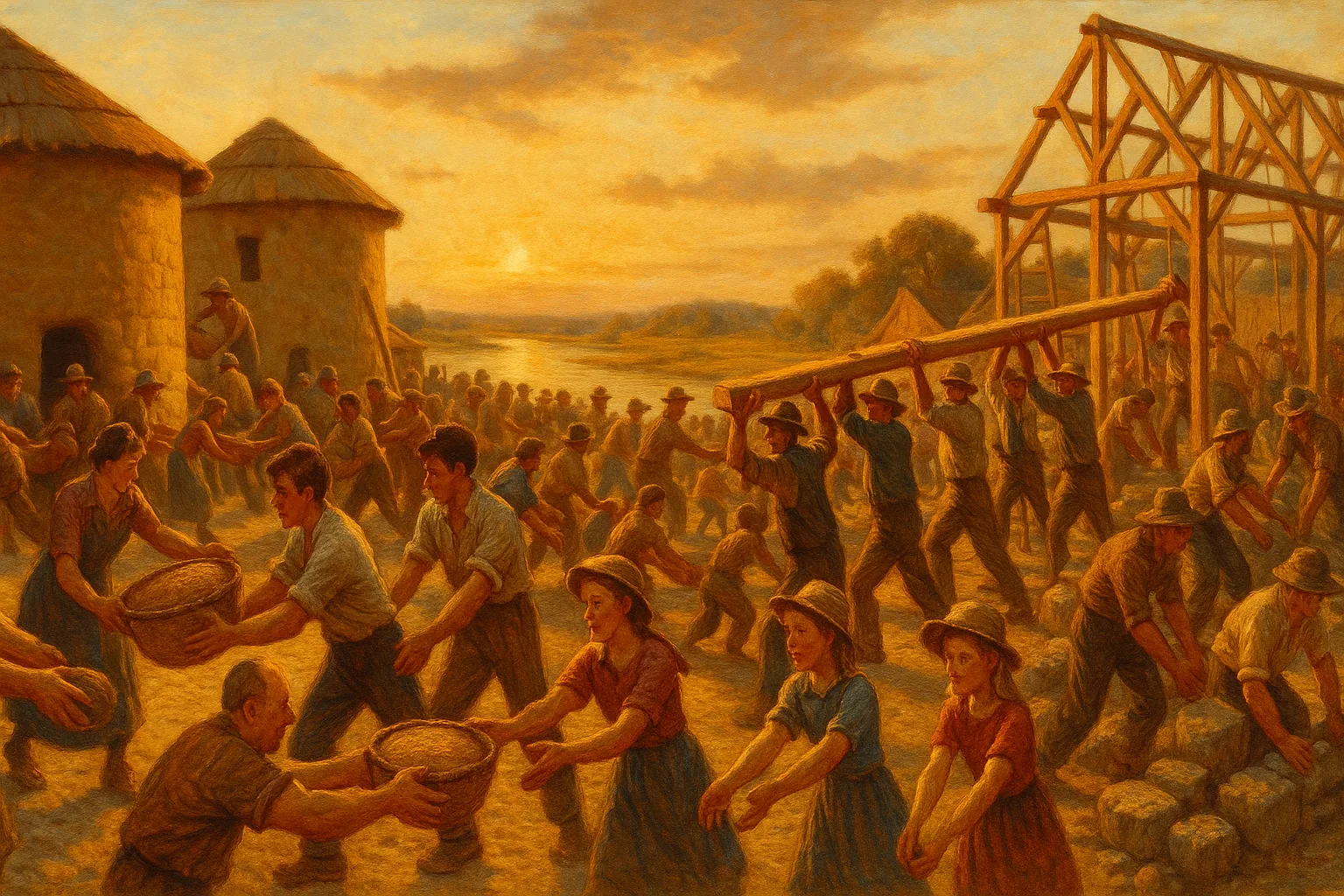 A thriving riverbank settlement of mudbrick granaries and workshops, where a diverse crowd works in concert — hauling grain, raising walls, building together.