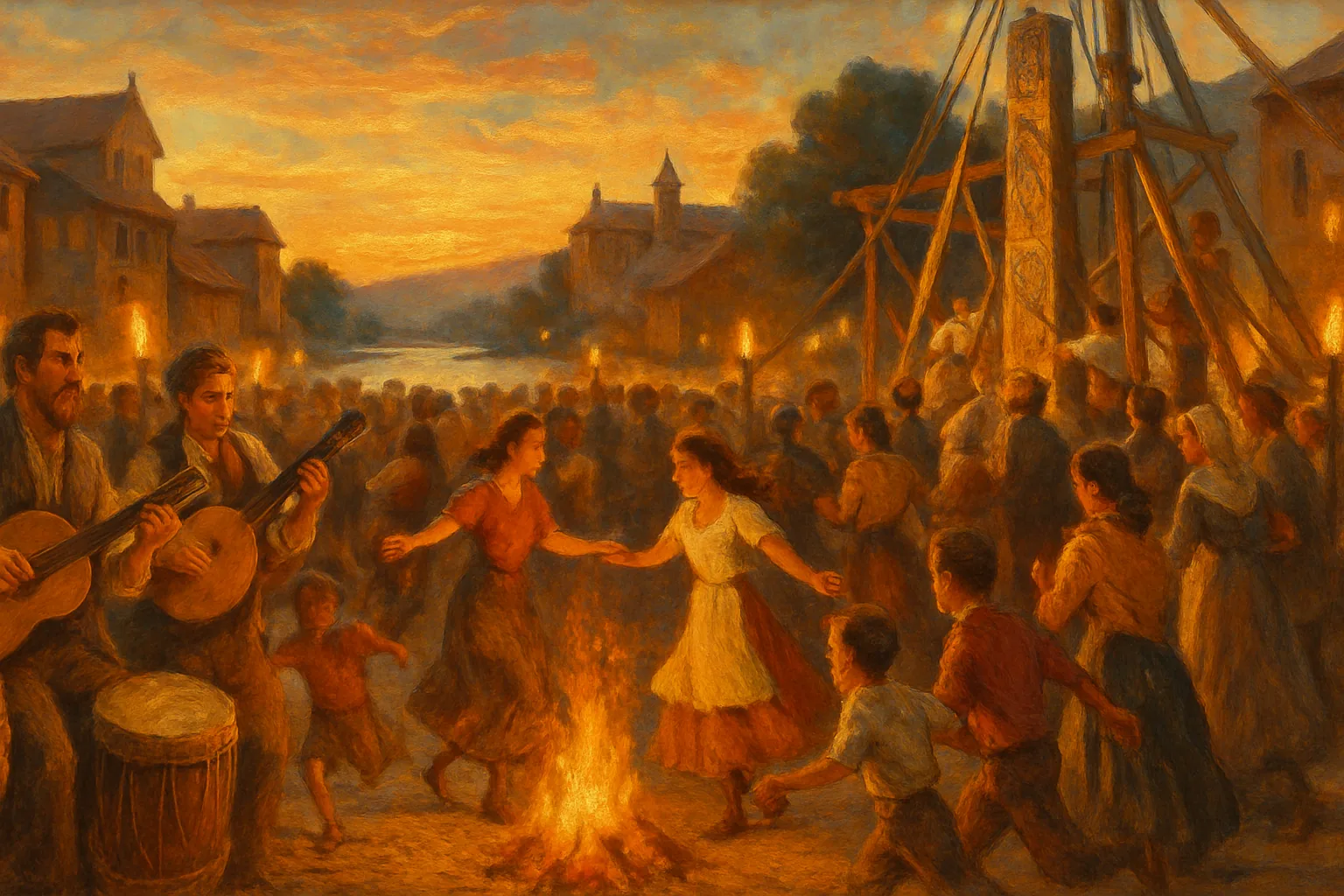 A golden-lit festival at dusk: musicians, dancers, and craftspeople raise a carved stone monument together while children play among the gathered crowd.