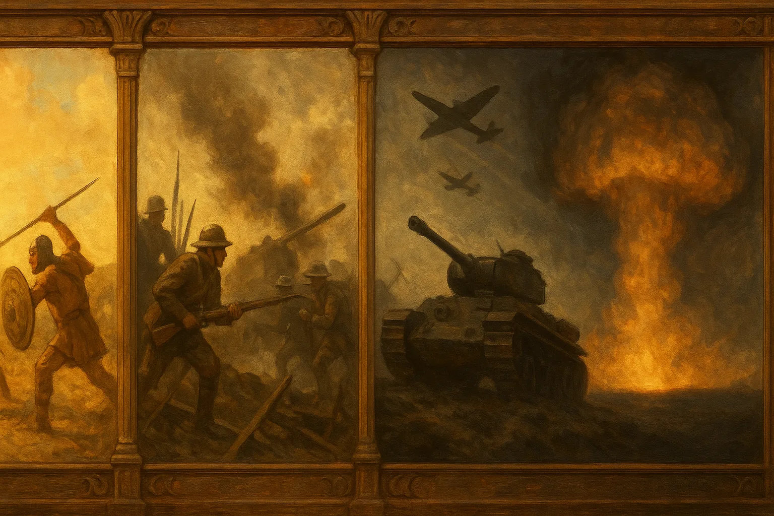 A single painting divided into four framed panels in escalating sequence — ancient warriors with spears and shields, an industrial-age battlefield of cannon and trenches, steel tanks and fighter planes under a grey sky, and a towering mushroom cloud over a darkened horizon.
