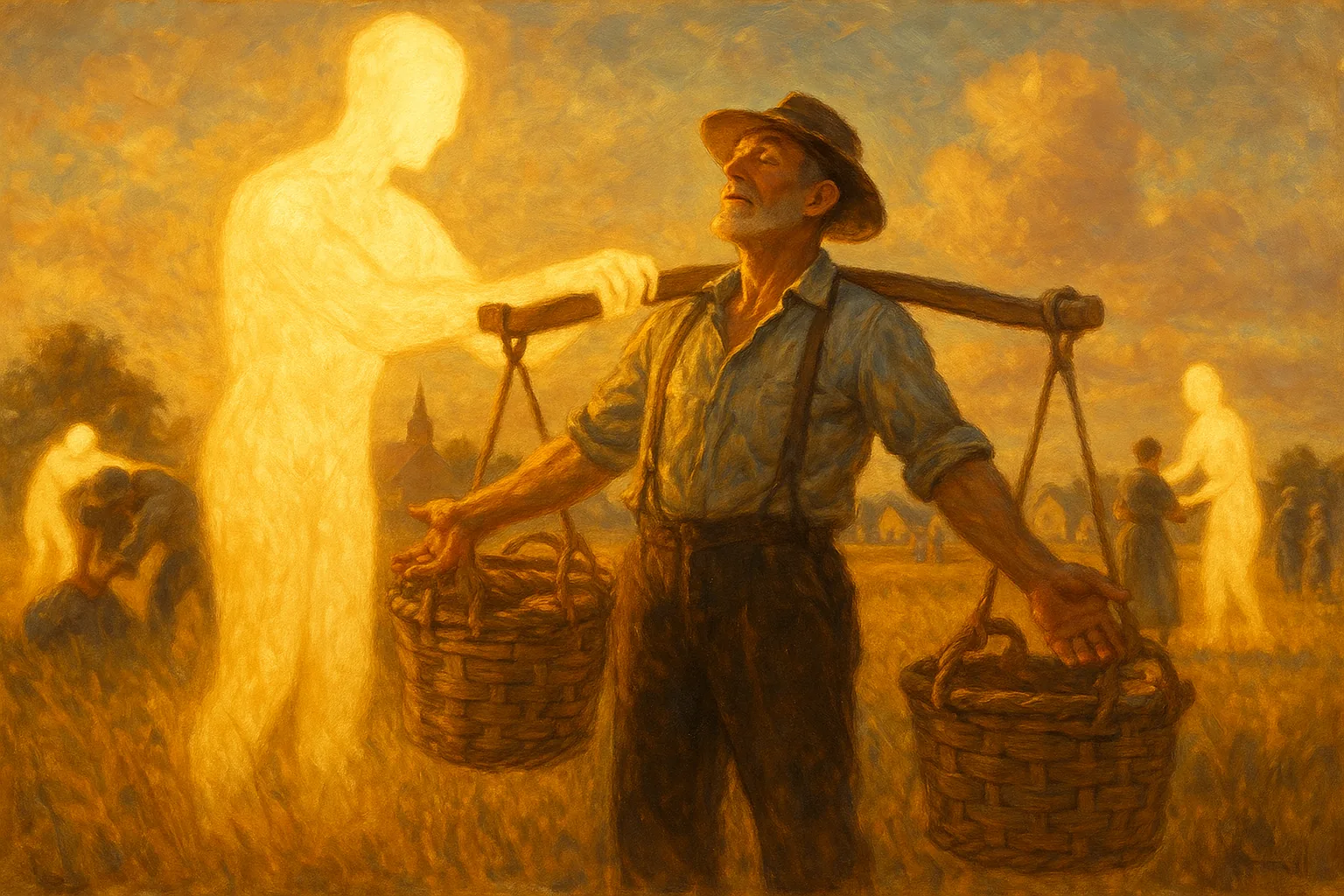 A gentle humanoid figure of soft light lifts a heavy yoke of baskets from a farmer's shoulders in a golden field, the farmer straightening up in visible relief.