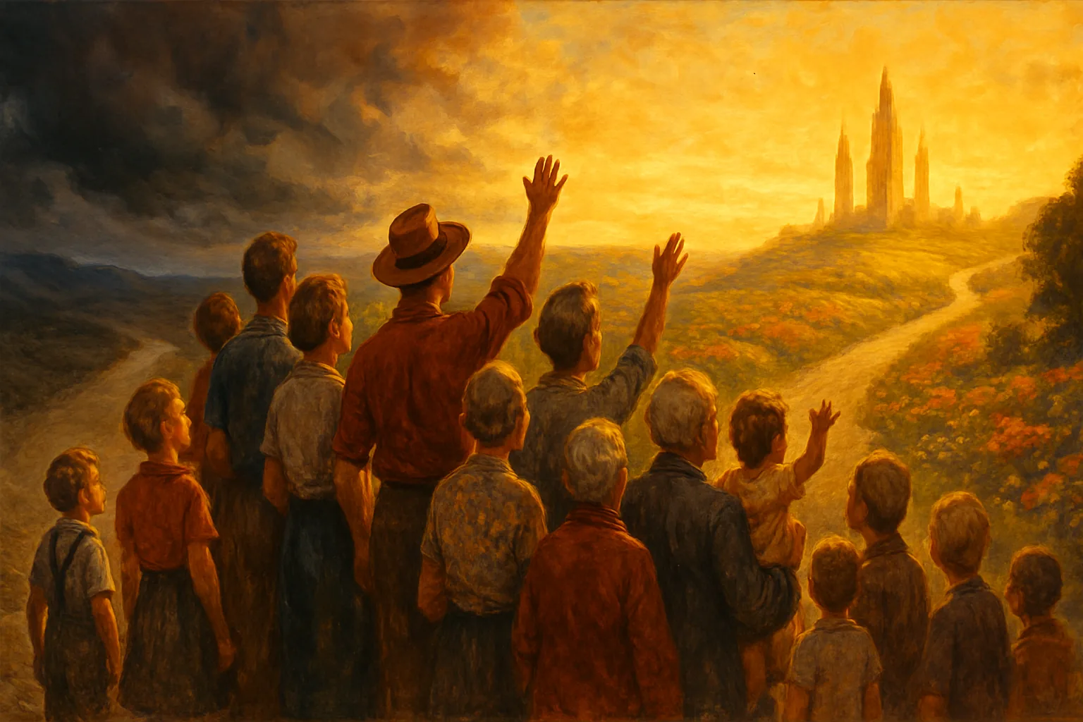 A diverse crowd stands together at a fork in a golden road at twilight — one path opening onto flourishing gardens and rising towers bathed in light, the other vanishing into storm clouds and ash.