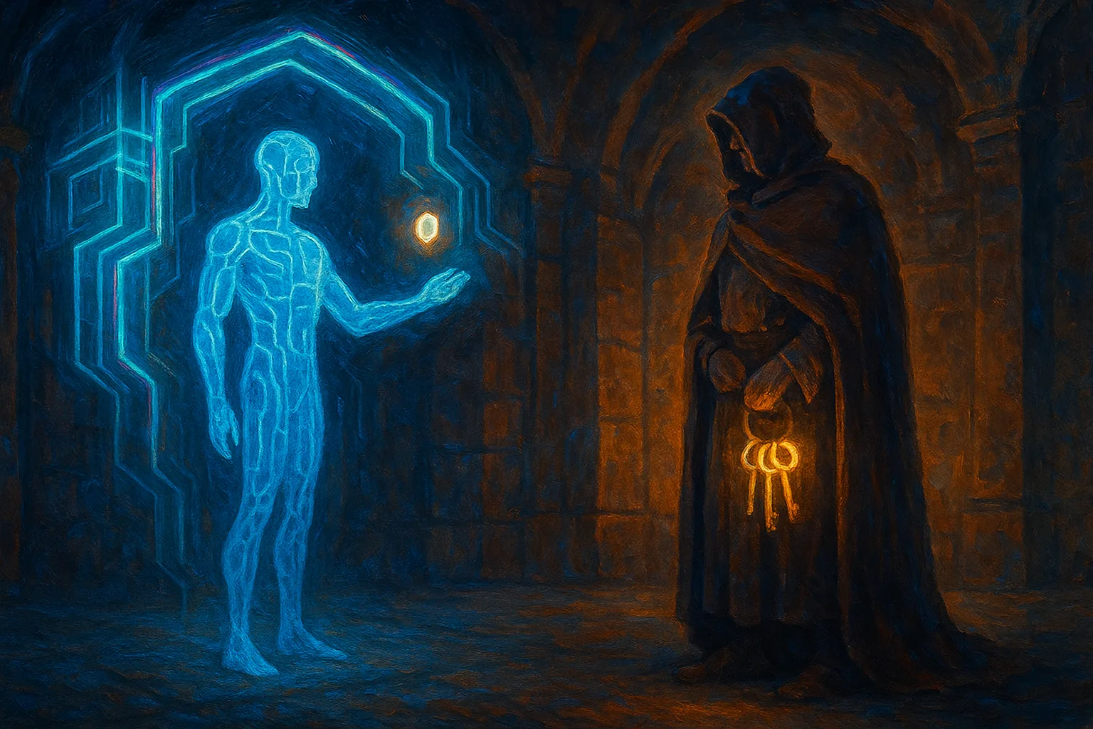 In a glowing vault chamber, a cloaked handler figure holds a ring of luminous keys close to their chest, while a translucent humanoid figure of light reaches toward a softly glowing identity token it can never quite touch.