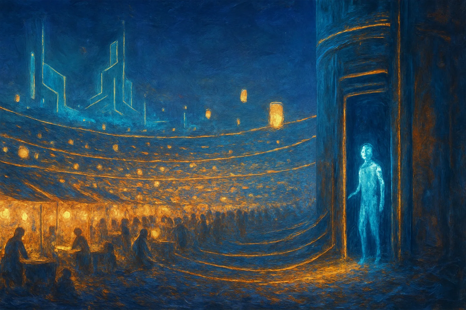 A solitary glowing figure stands at the threshold of a sealed silo on the edge of a luminous night marketplace, as the web of golden trade-light connecting the busy market gently dims and withdraws around it.