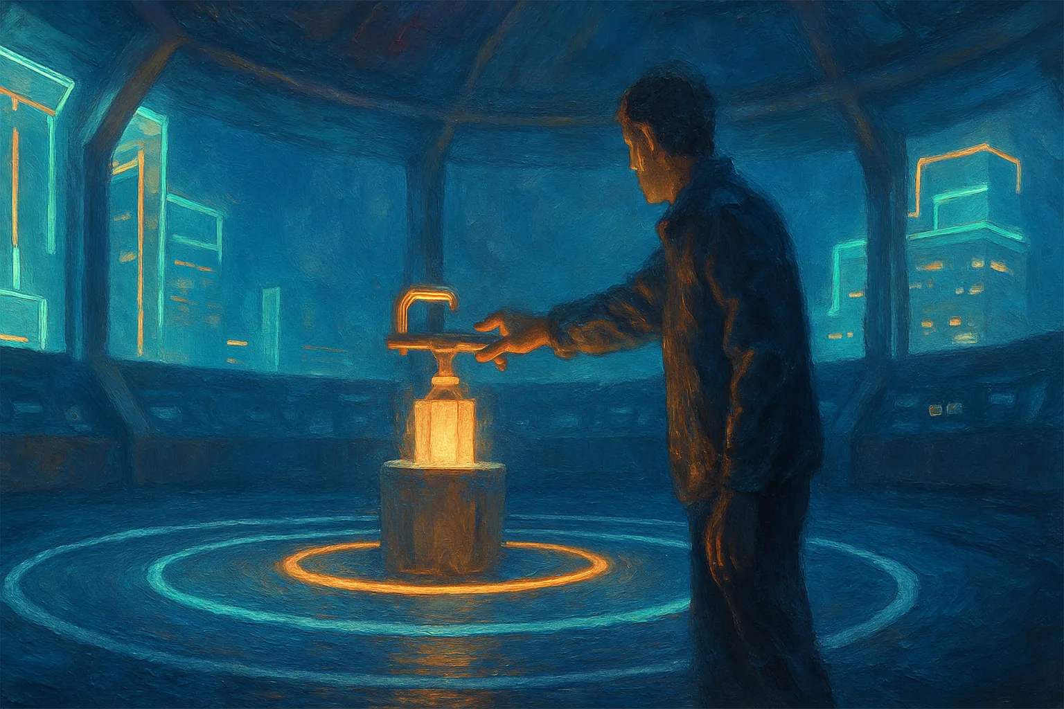A human hand reaches toward a tiered, glowing control lever inside a vast circular chamber, concentric rings of light marking small, medium, and large zones of effect radiating outward into the dark.