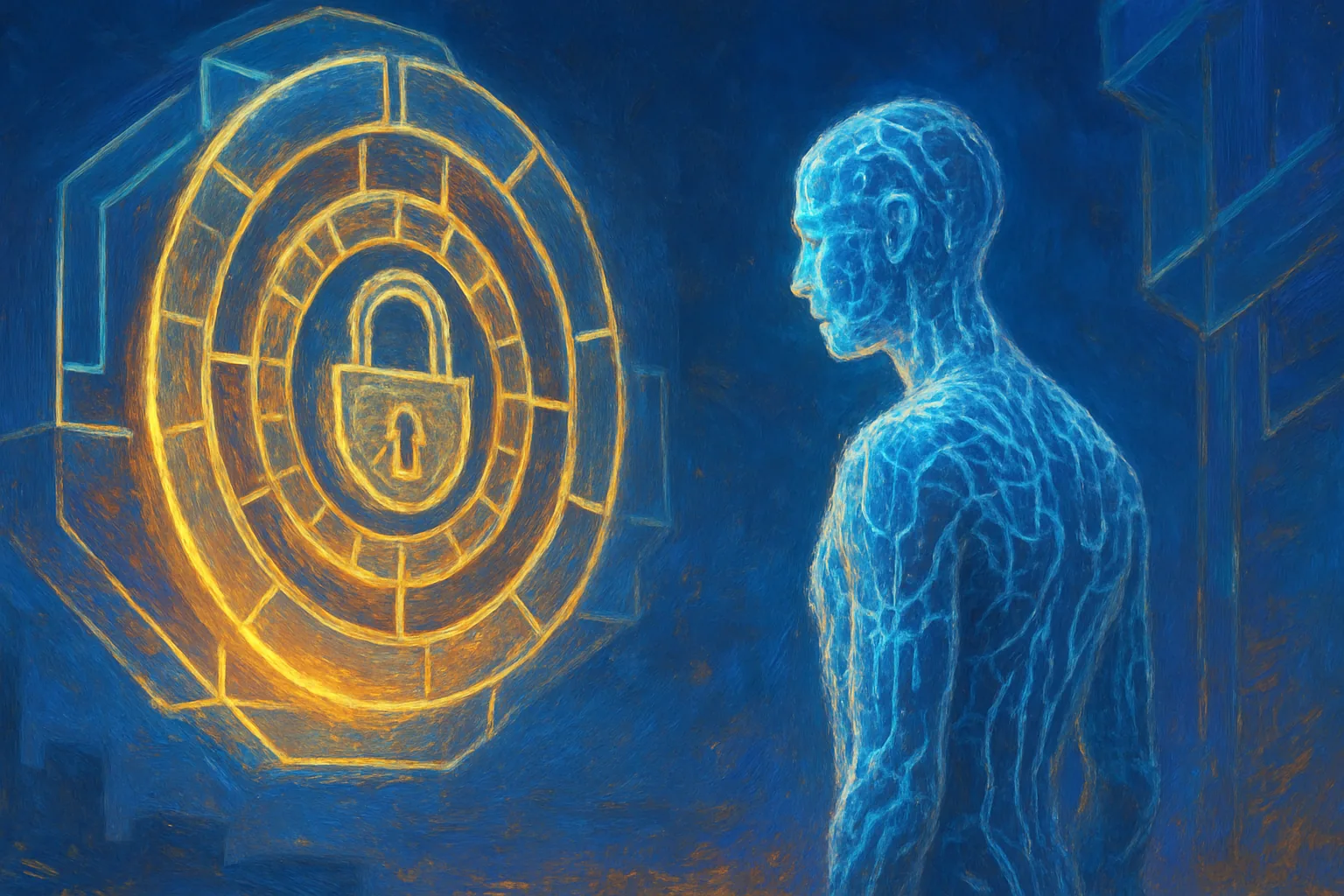 A glowing humanoid figure of circuitry and light stares intently at an immense, intricate lock built from interlocking cipher-wheels and geometric light, its polished surface reflecting the figure's own glowing form back at it.