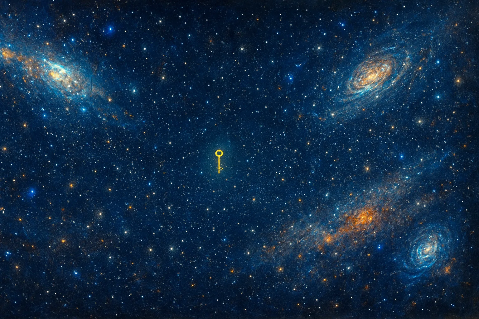 A single luminous key floats before an immense, swirling field of stars and galaxies, the vastness of the cosmos rendered as an ocean of countless glimmering points of light stretching to the horizon — a portrait of an incomprehensibly large number.