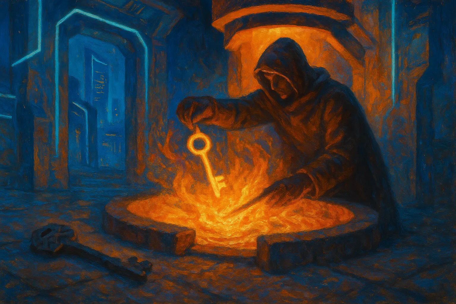 Inside a glowing forge-like chamber, a hooded handler carefully draws a single bright key from a churning font of pure chaotic light, while in the shadows a discarded, dim, perfectly-patterned key lies broken on the floor.