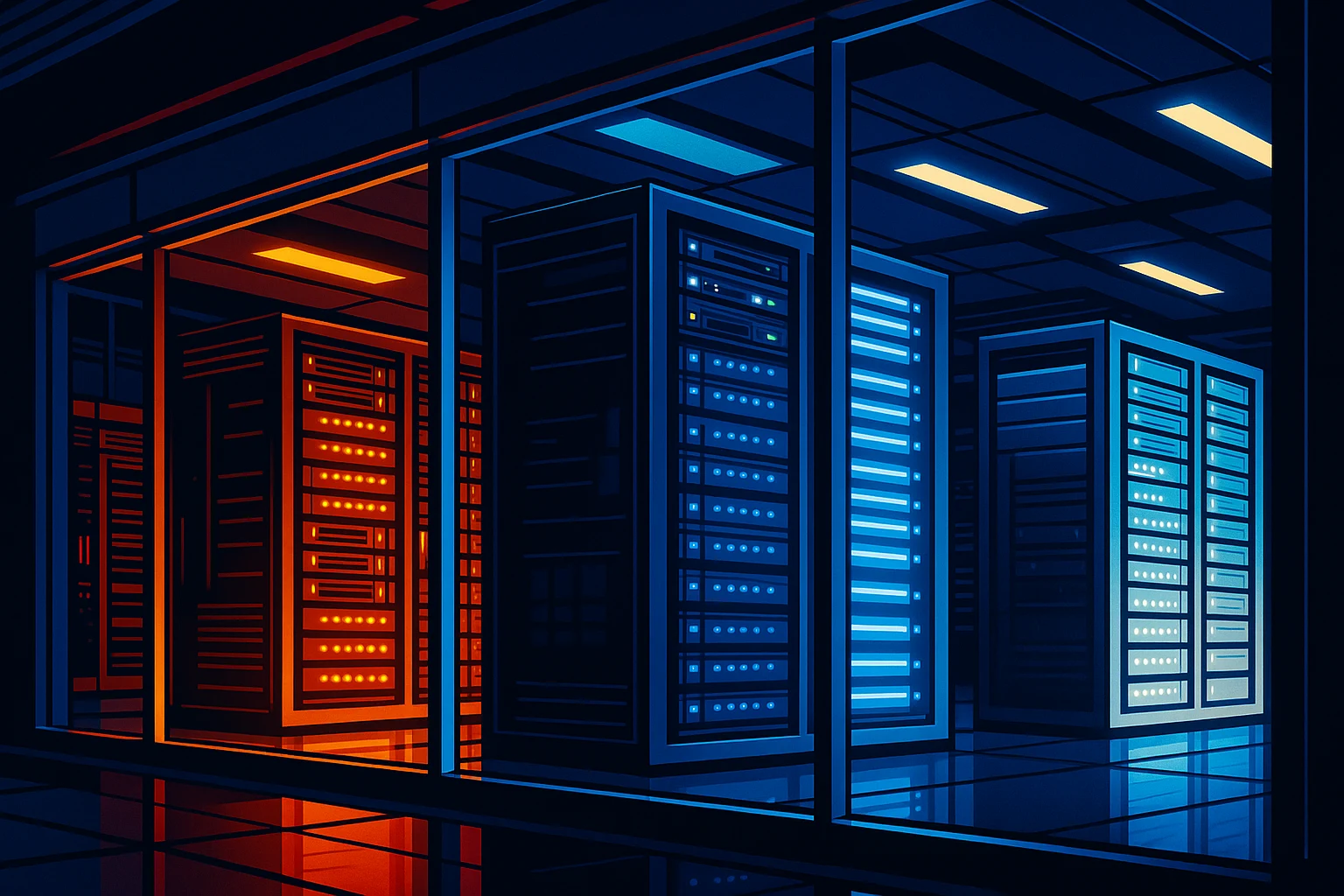 A gleaming corporate data center at night viewed through floor-to-ceiling glass — three distinct server bays separated by illuminated yellow dividers, each glowing a different color: amber, blue, and white, cleanly isolated from one another.