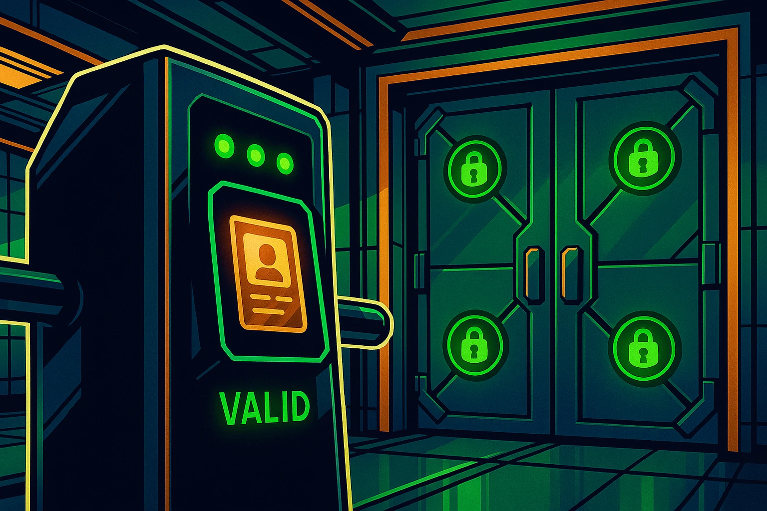 A sharp close-up of a corporate security gateway — a sleek terminal with a glowing badge reader, a status display reading BADGE VALID in green, and a stack of HTTP request headers visible on a side screen, X-Covenant-Badge at the top.
