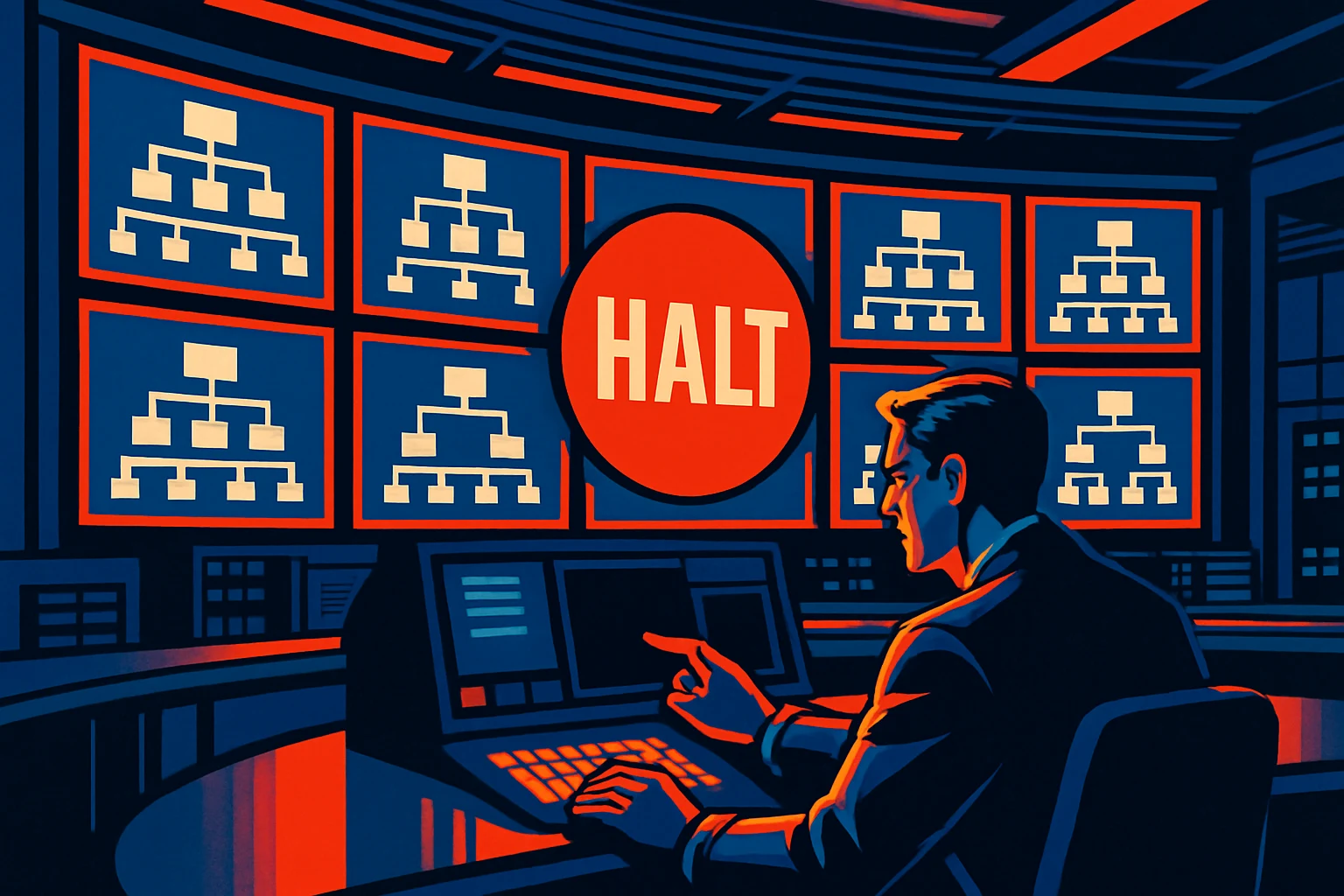 A dramatic corporate command center at night — a wall of screens showing a hierarchy of AI instances with status indicators, a single authorized operator in the foreground issuing a signed JSON command, a large display reading LEVEL 1 — TERMINATE — SCOPE: /org/acme_ai/instance/agent-session-01.