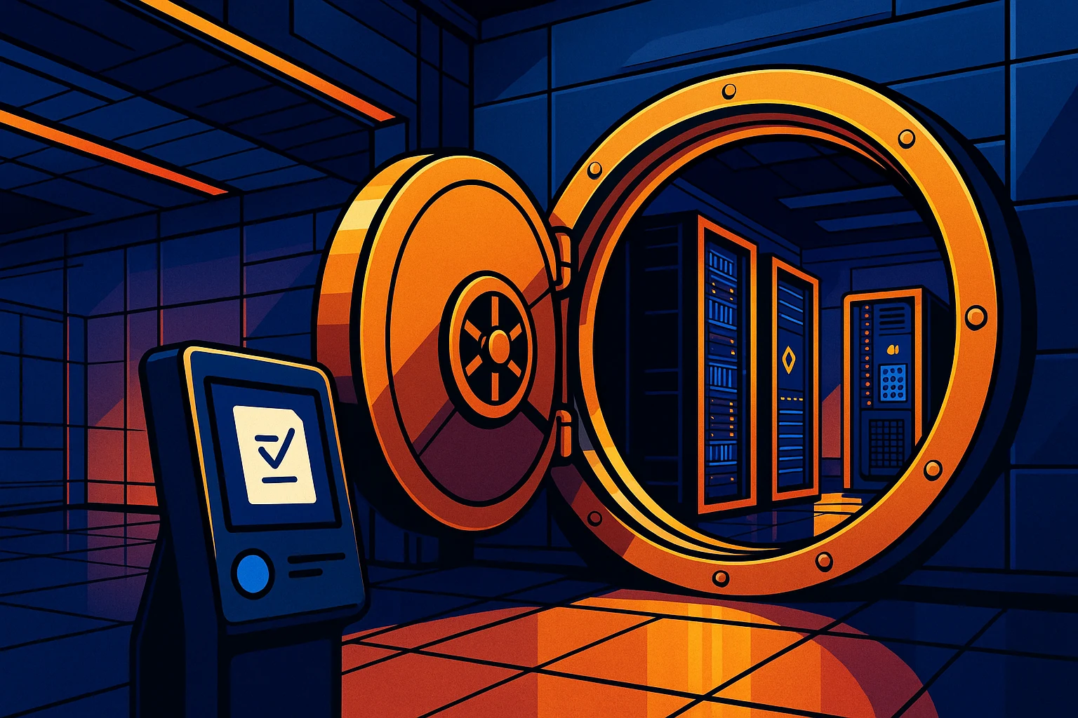 A vault door set into a high-tech corporate wall swings open to reveal a hardware security module glowing inside — an AI agent at a terminal in the foreground makes a request, and the vault responds with a signed receipt, but the underlying credential never leaves the module.