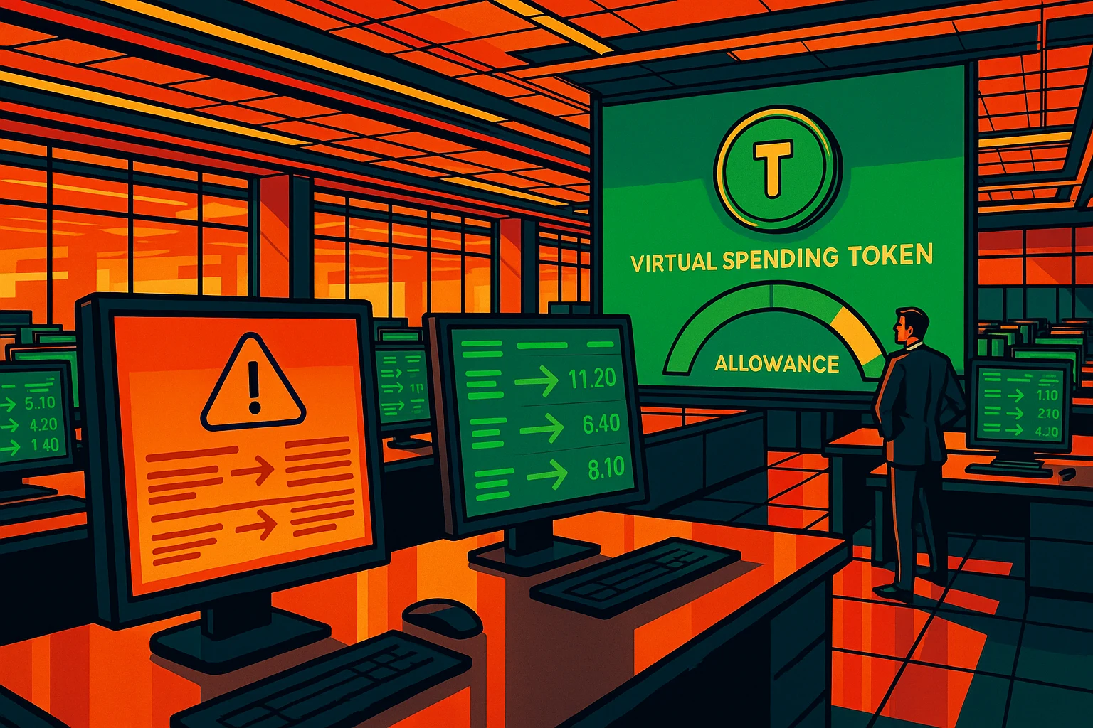 A sleek corporate payment terminal in a high-tech financial operations center — the display shows a Virtual Spending Token ID, a bounded allowance in green, and a real-time transaction log. A badge revocation alert flashes on a secondary screen, instantly cascading to freeze all associated VST activity.