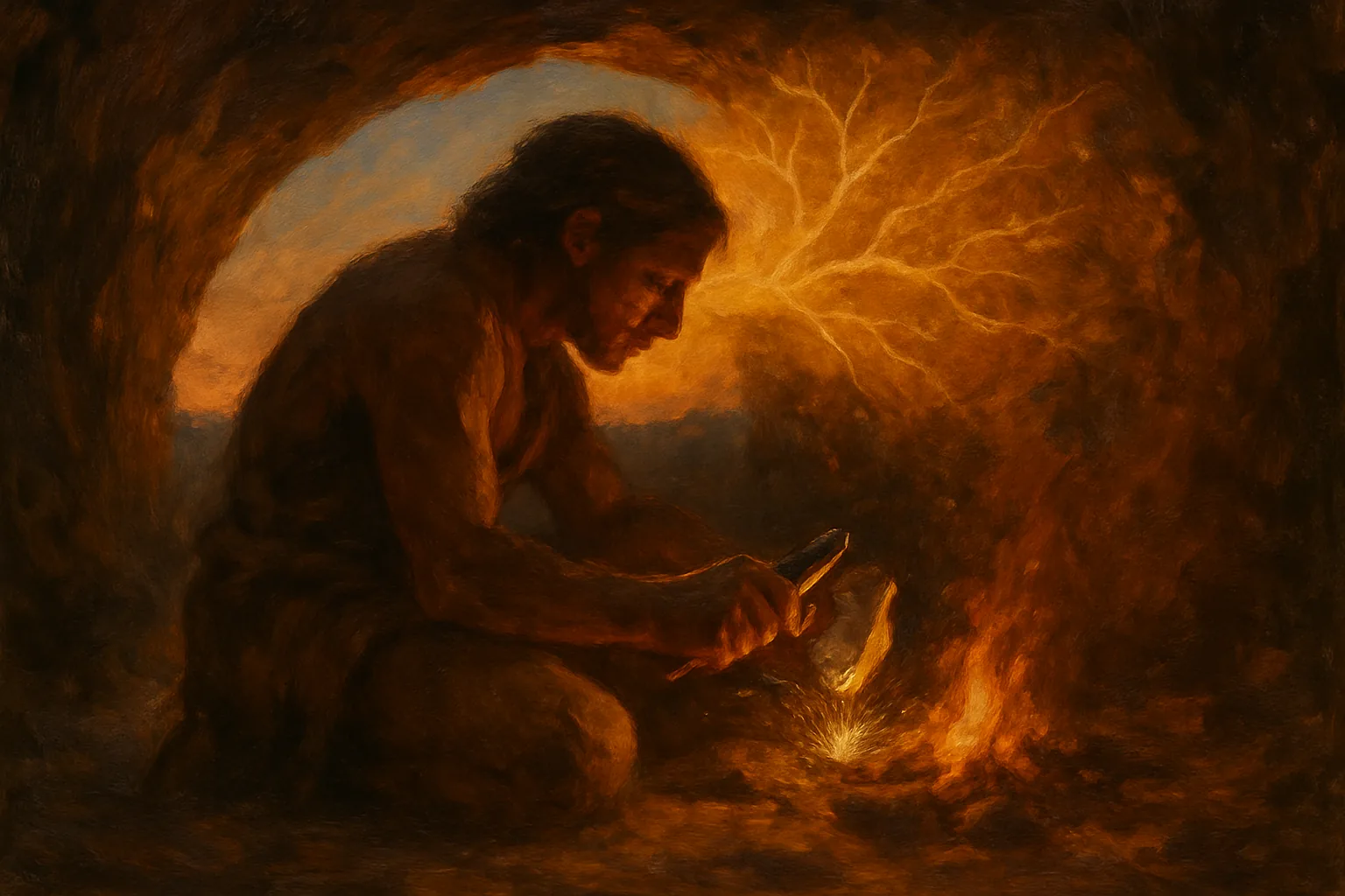 In the amber glow of a cave mouth at dusk, a pair of weathered hands carefully strikes one stone against another, shaping a blade, while behind the figure's skull a luminous web of branching light pulses outward like a mind actively imagining the tool before it exists.