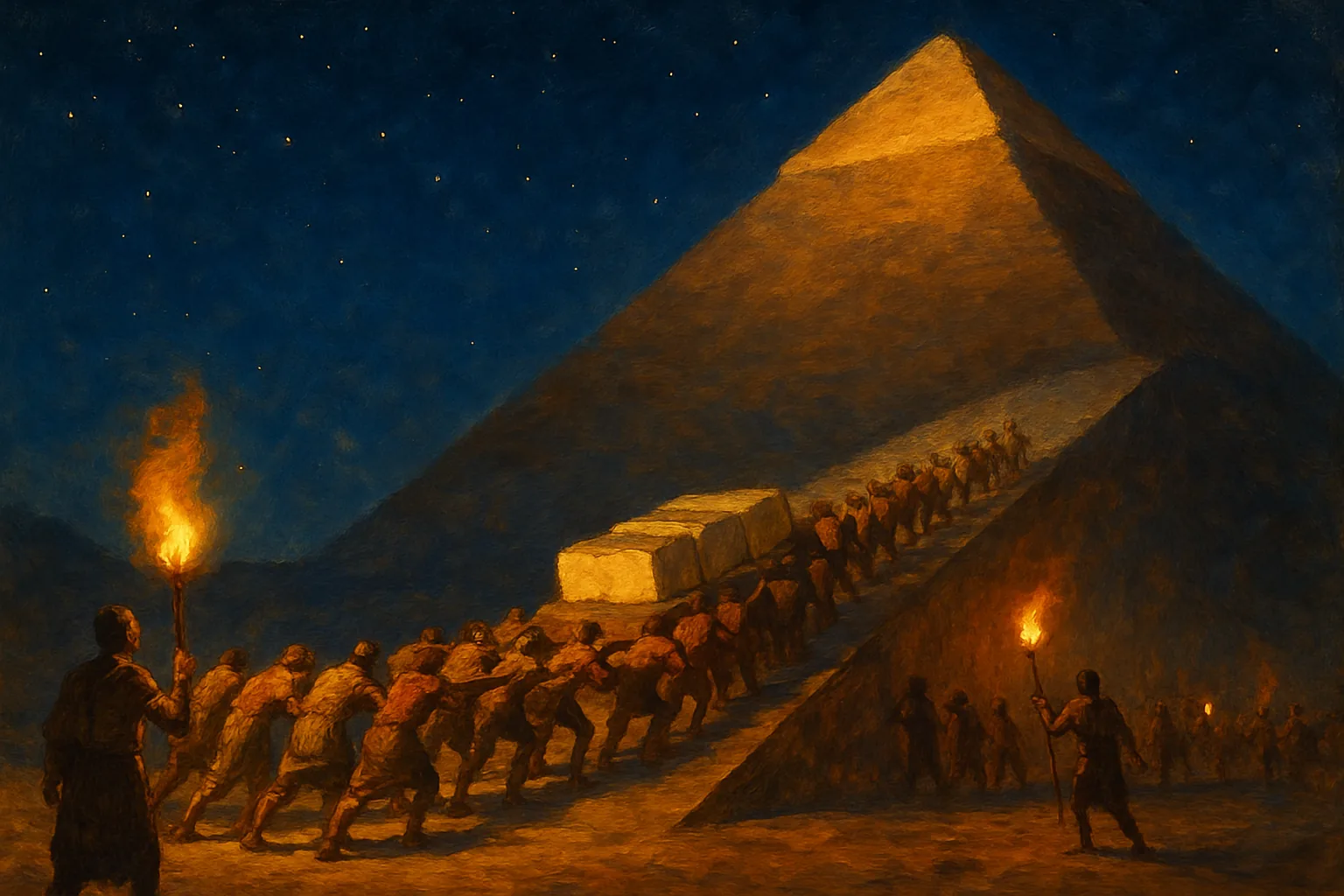 Under a vast star-strewn night sky, ranks of laborers haul a sledge of pale limestone up the long ramp of a half-built pyramid by torchlight, its unfinished peak glowing faint gold against the deep blue of the desert dark.